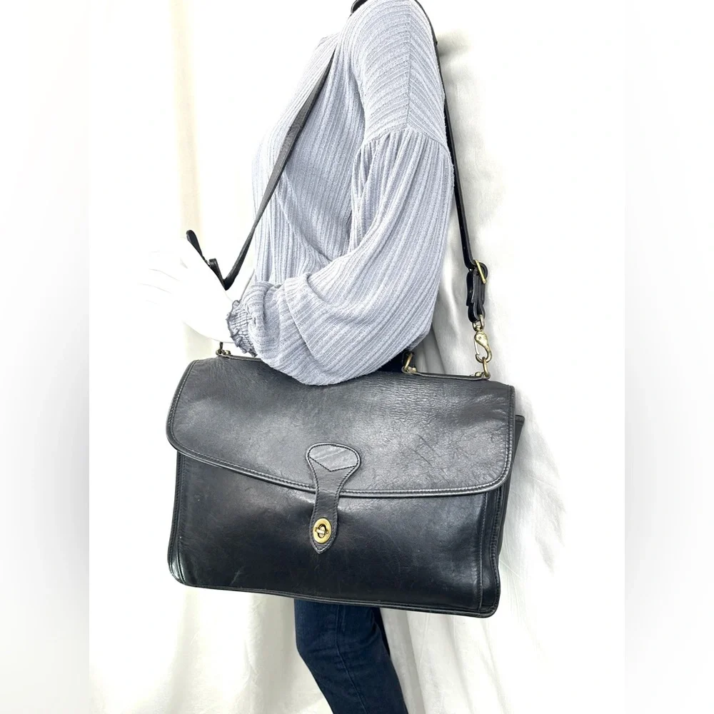 Jack Georges Vintage Turn Lock Flap Black Leather Messenger Bag Briefcase USA